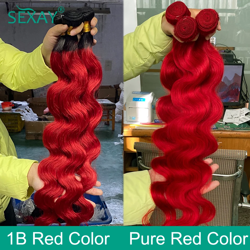 Tecer cabelo humano brasileiro de onda corporal para mulheres, pacotes vermelhos com fechamento, ombre, laço transparente, 3 pacotes, 4x4, 3 pacotes