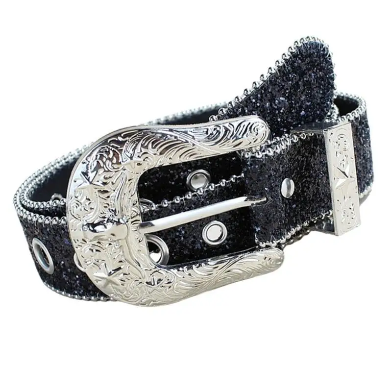 P9FE متلألئ الترتر حزام للنساء حزام خصر الموضة 2000s فتاة جميع مطابقة حزام للجنسين حزام غربي حزام الخصر خمر