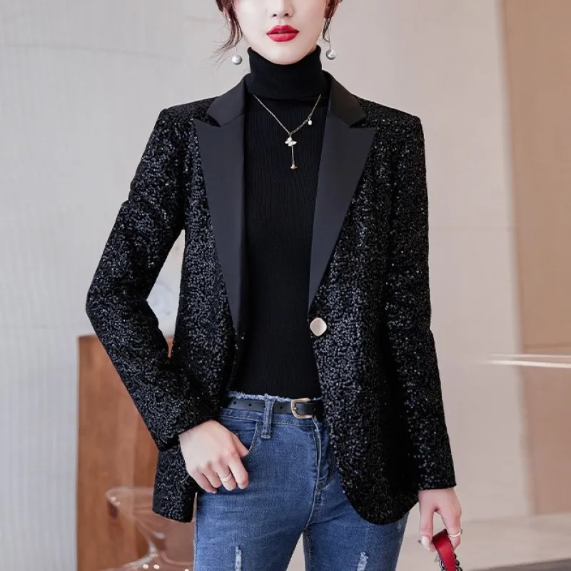 Sequin Blazers Suit Jacket Female Small Fragrant Celebrity Style Versatile Casual Small People Sequins Office Lady Suit Jacket