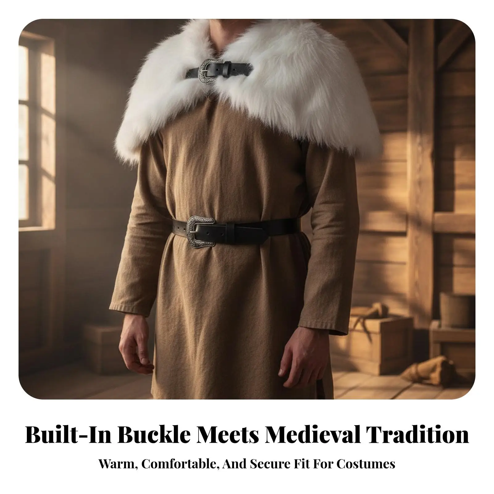 Faux Fur Viking Cloak for Cosplay Warrior with Metal Buckle Strap Cozy Shoulder Cape for Theater