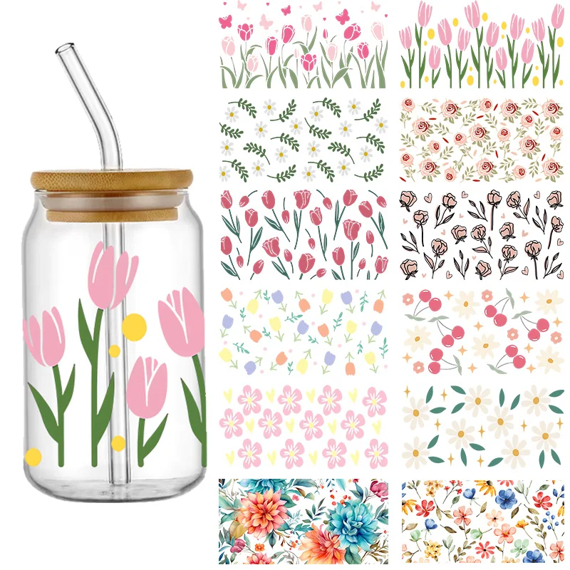 

Розы Тюльпаны 16 унций УФ DTF обертка для чашки Libbey стеклянная банка тумблер переводные наклейки водостойкий постоянный клей весенний цветок мультфильм