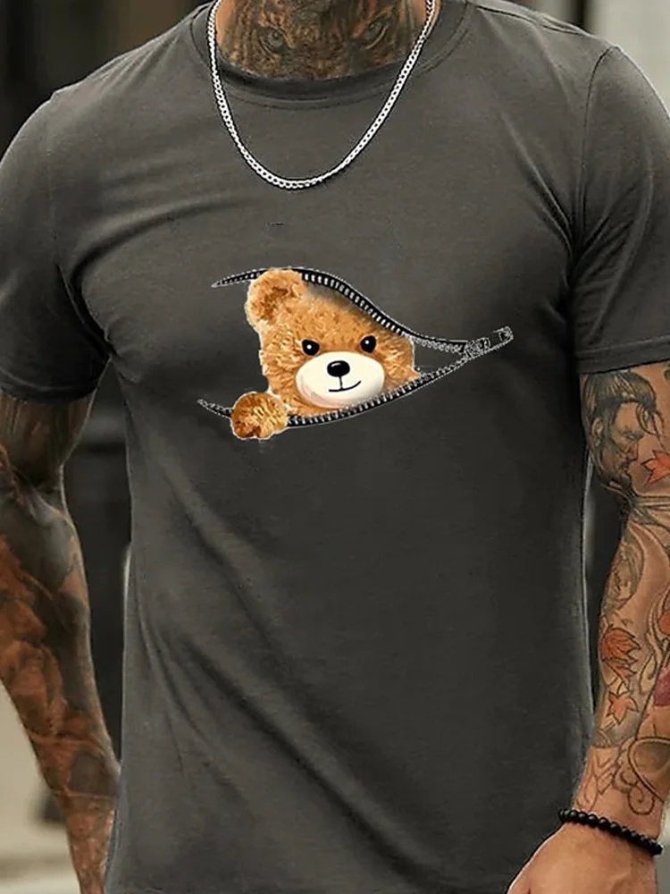 3D Printed Cartoon Bear Pattern Summer Men\'s Casual Cool T-Shirt Outdoor Sports Loose Comfortable Short Sleeve Fashion Tops