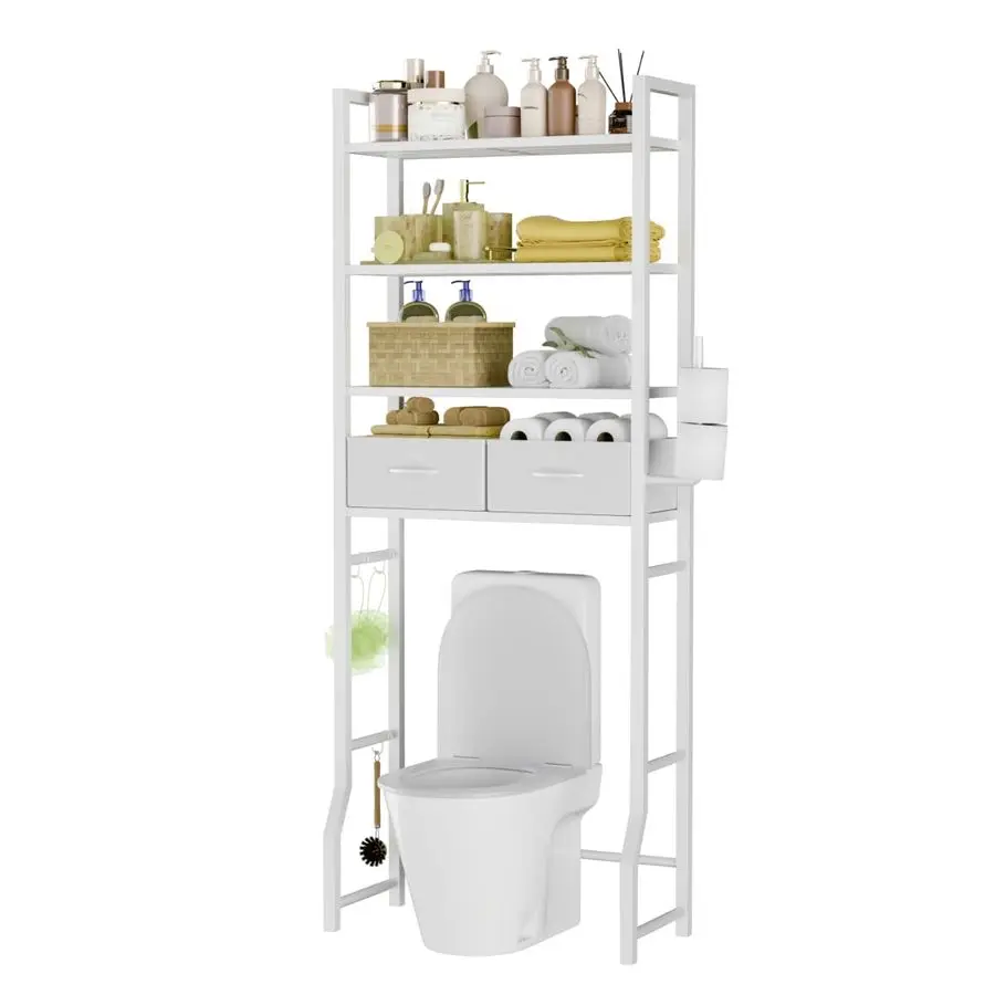

Trending 4 Tier Over The Toilet Storage with Drawers, Heavy Duty Bathroom Stand Organizer Metal Shelves for Laundry, White