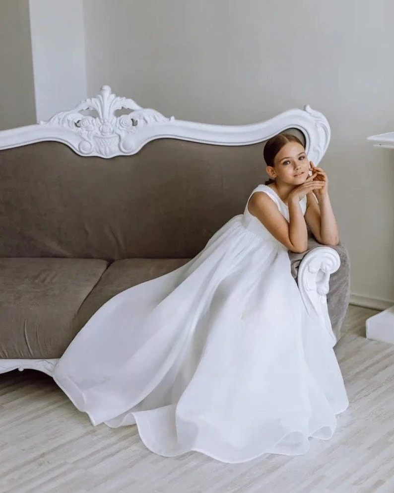 Organza Flower Girl Dress Boho with Pearls Toddler Formal Dress Tutu Bridesmaid Princess Ball Gown Pageant Dresses for Girls