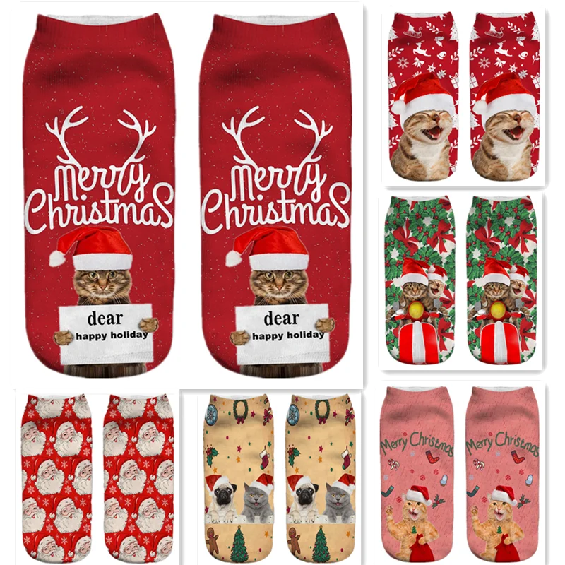 3D Print Christmas Socks Men Women Unisex Funny Elk Snowman Cat Santa Claus Short Ankle Socks for Family Christmas Socks