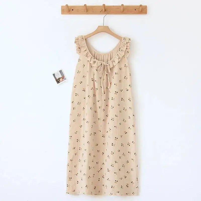 

Модная ночная рубашка с принтом для женщин, одежда для сна, хлопковая одежда с рюшами и краями листьев, удобное и дышащее свободное ночное платье