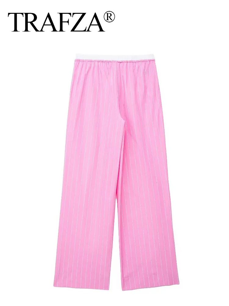 TRAFZA Fashion Women Chic Pink Stripe High Waist Wide Leg Pants Woman Drawstring Buttons Side Pocket Slim Casual Trousers Traf