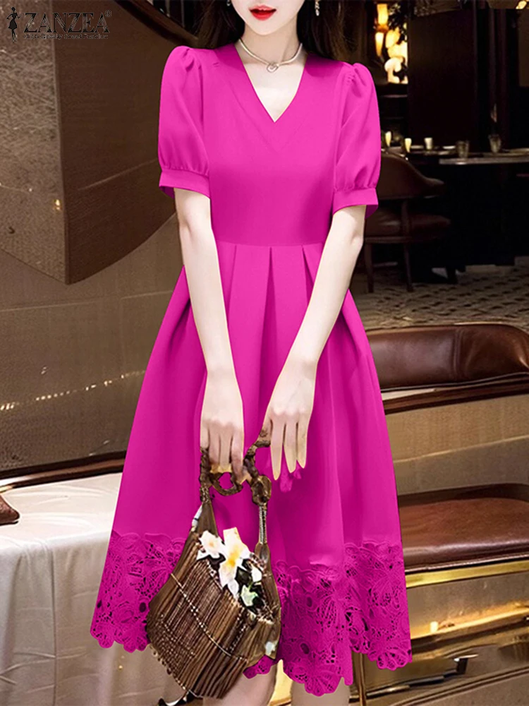 

2025 ZANZEA Summer Lace Patchwork Midi Dresses Women Stylish Hollow Out Dress V-Neck Party Sundress Casual Holiday Work Vestidos