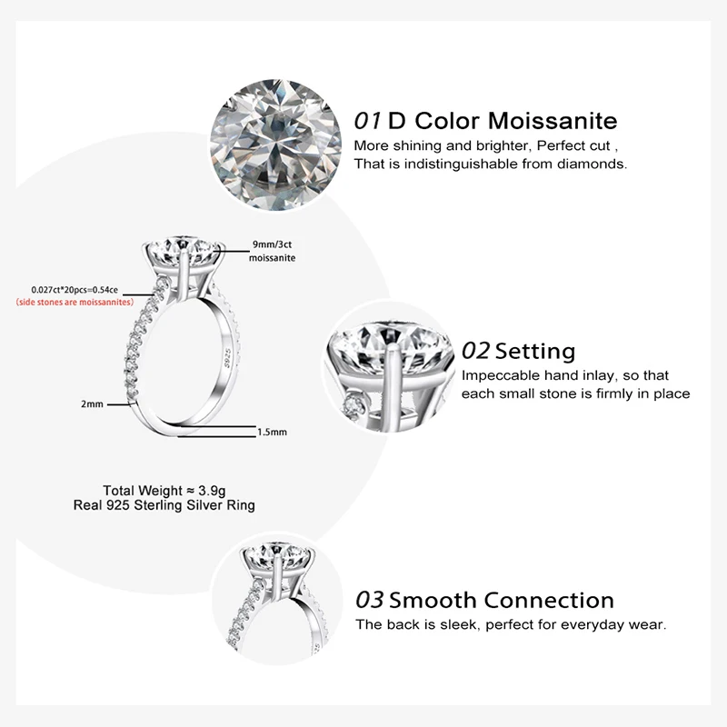 Onelaugh Real 3 Carats D Color Moissanite Wedding Rings For Women 100% 925 Sterling Silver Sparkling Fine Jewelry Wholesale