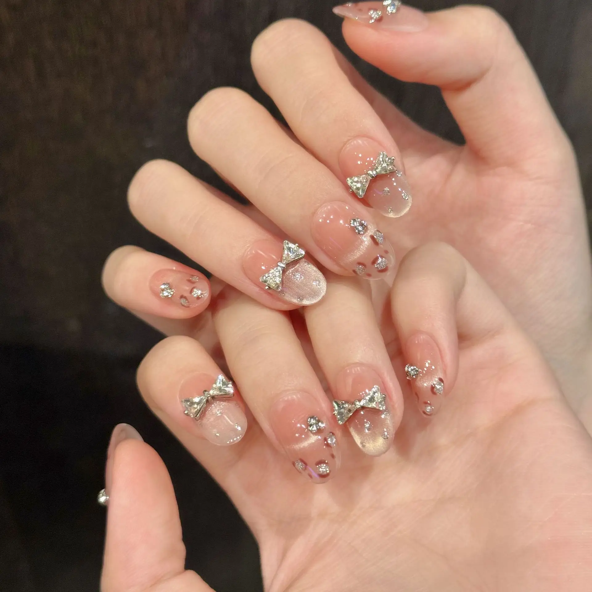 10 Uds. De Ballet con estampado de leopardo hecho a mano, arte en uñas, rubor, ojo de gato, puntas de uñas postizas cortas, lazo brillante, juego de uñas postizas terminadas