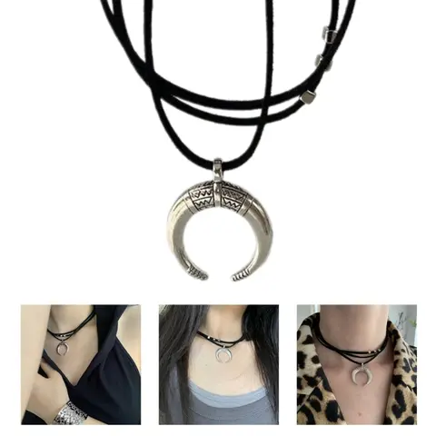 Vintage Moon Horn Pendant Necklace Simple Multilayer Choker Fashion Jewelry