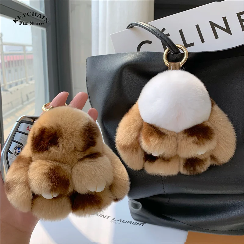 Plush Toy Bunny Real Natural Rex Rabbit Fur Keychain Women Bag Charm Ornaments Schoolbag Pendant Car Keyring Trinkets Kids Gift