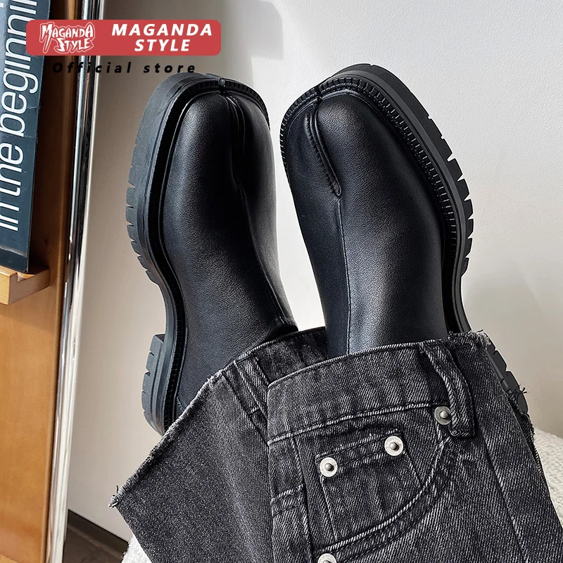 Maganad Tabi Babouches Loafer Flat Shoes for Women and Men Couple Shoe Split Toe Genuine Leather Black Flats