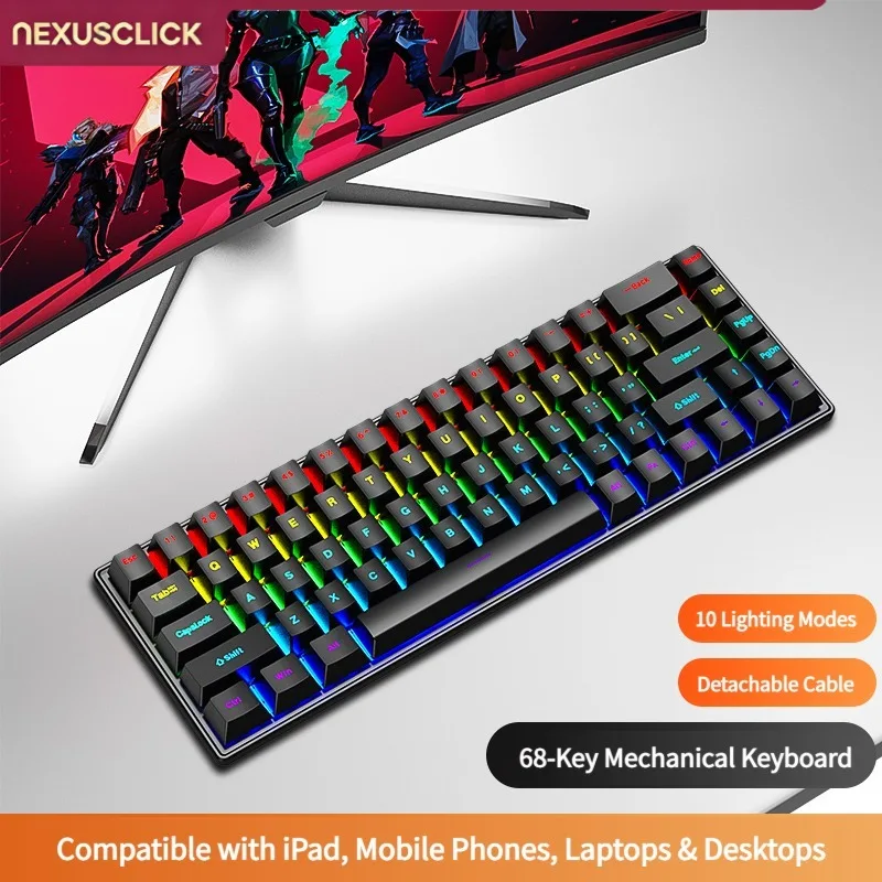 NexusClick K68 Red Switch Wired Mechanical Keyboard,RGB Backlit Ergonomic 6°Tilt Gaming Keyboard Plug and Play for Laptop Gamer