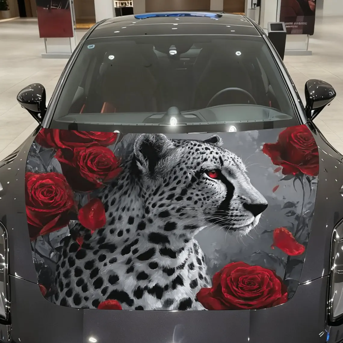 

Leopard And Rose Car Hood Vinyl Packaging-waterproof, Scratch Resistant, Self-adhesive Sticker, Red And Black Design, Durable PV