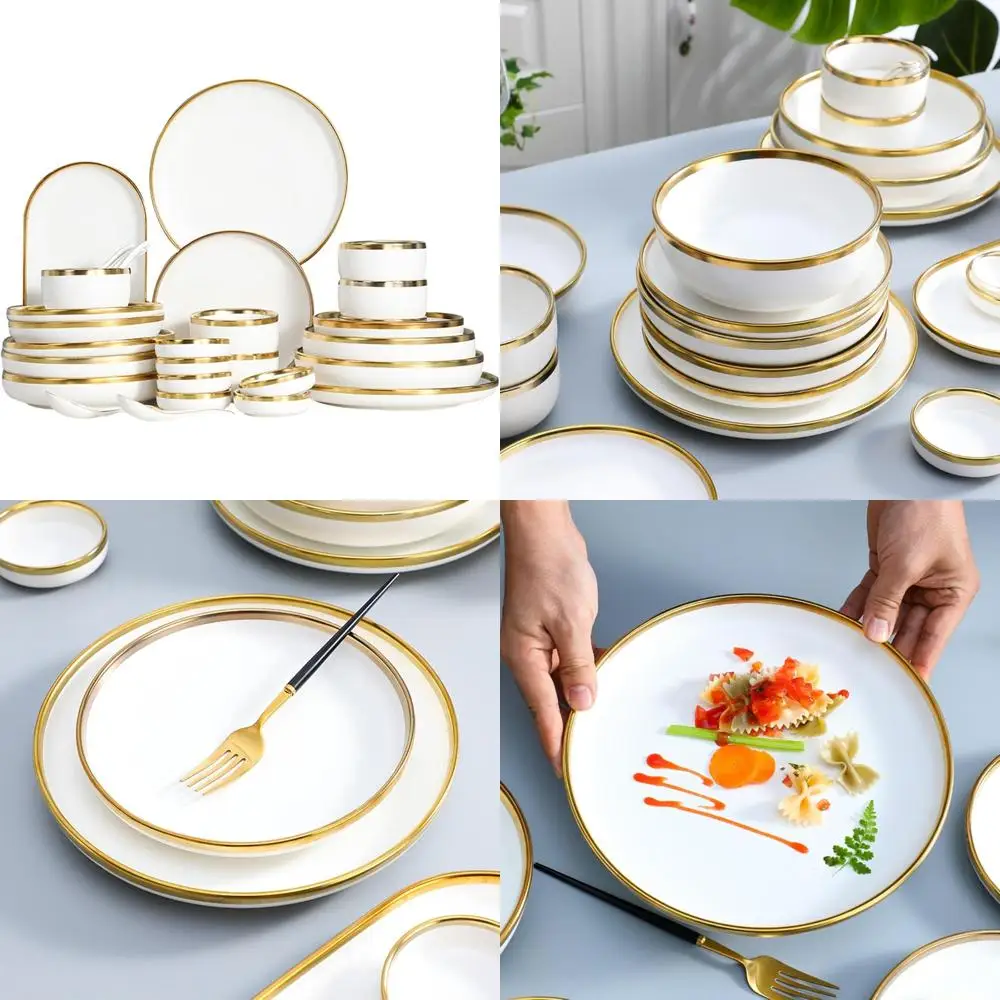 

Набор керамической посуды, 27 предметов, элегантные белые тарелки с золотыми дисками, идеально подходит для дома и офиса, столовой