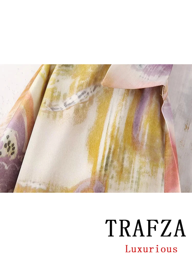 TRAFZA Vintage Casual Chic Women Dress Print Floral Turn-down Collar Long Sleeve Vestidos New Fashion 2024 Spring Holiday Dress