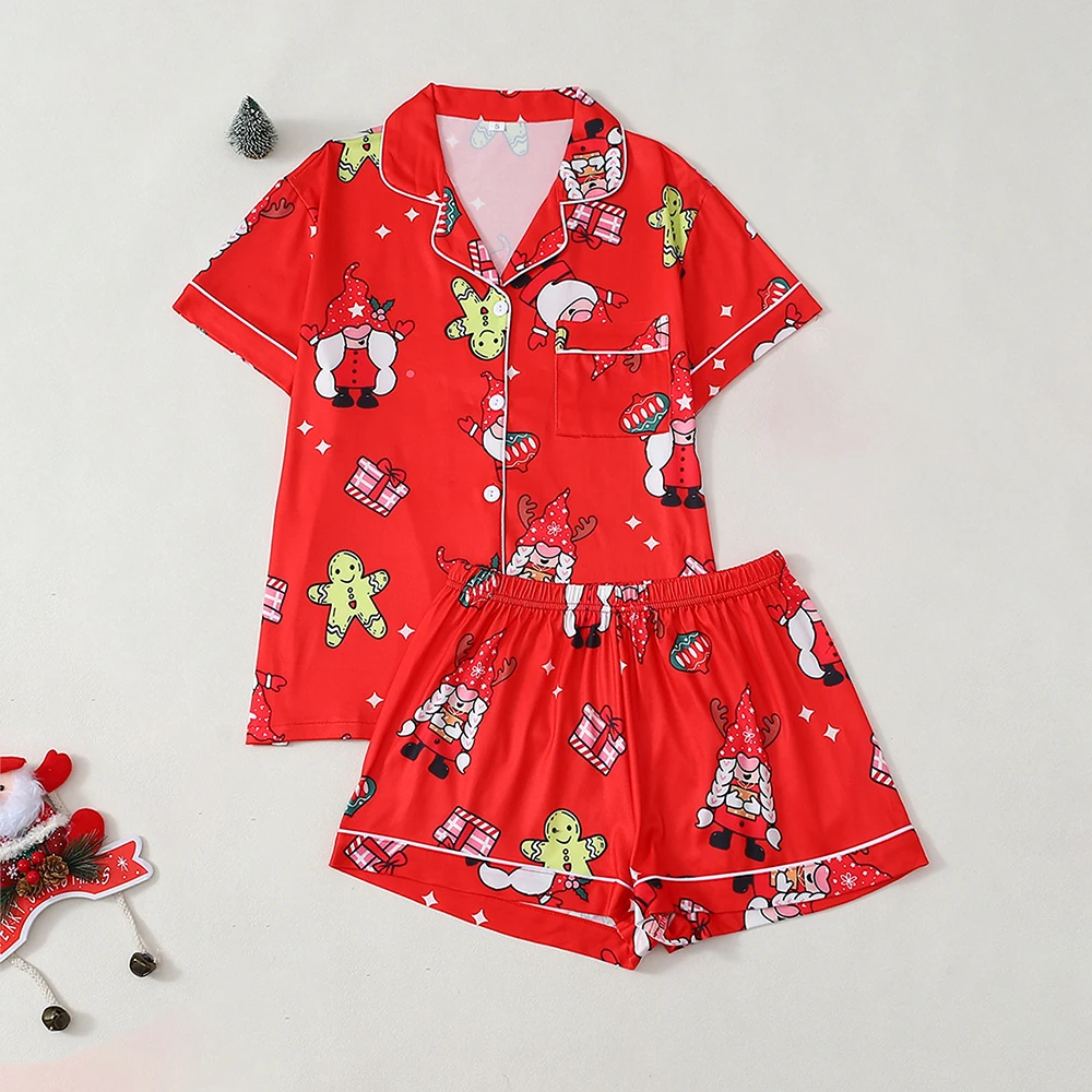 

2 шт., рождественский пижамный комплект с мультяшным узором, свободная удобная рубашка с короткими рукавами, шорты с эластичной резинкой на талии, модная повседневная одежда для сна