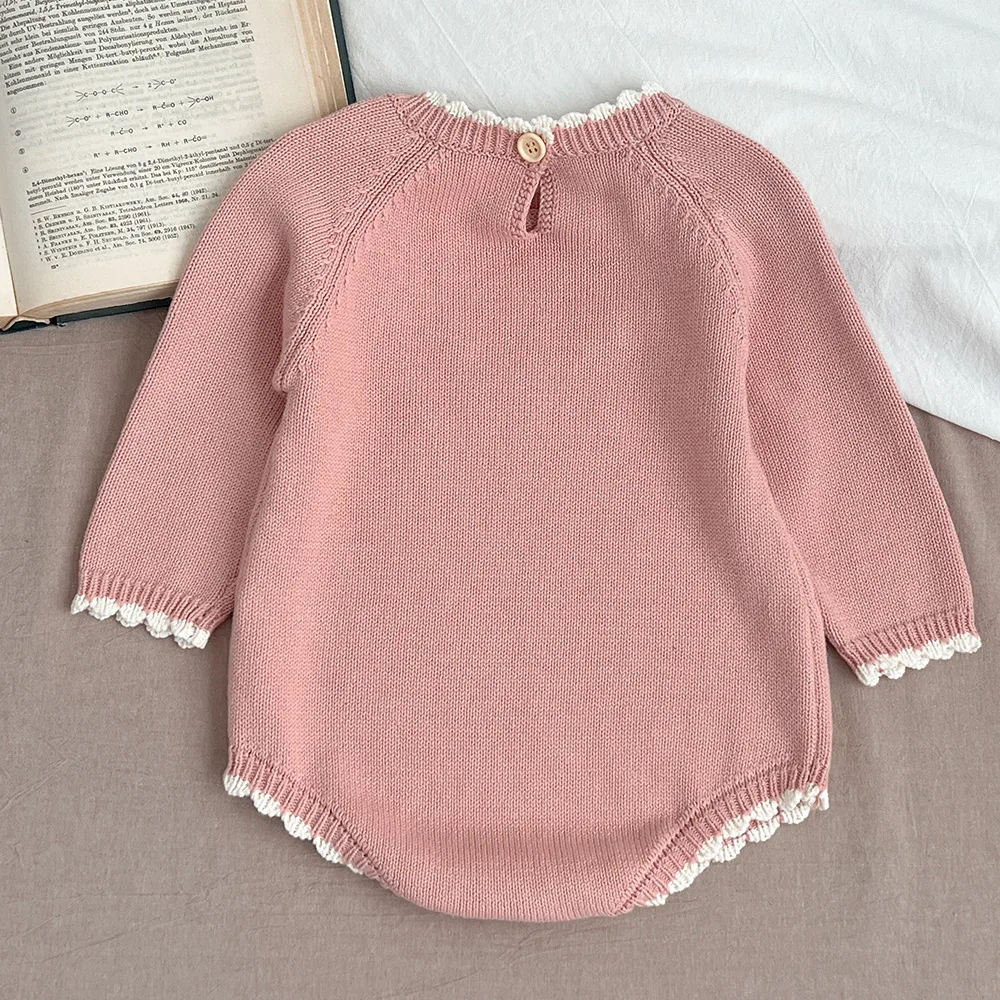 Baby Clothes Romper 2024 Spring New Fashionable Sweet Korean Style Baby Embroidered Flower Knitted Long-sleeved Sweater Romper