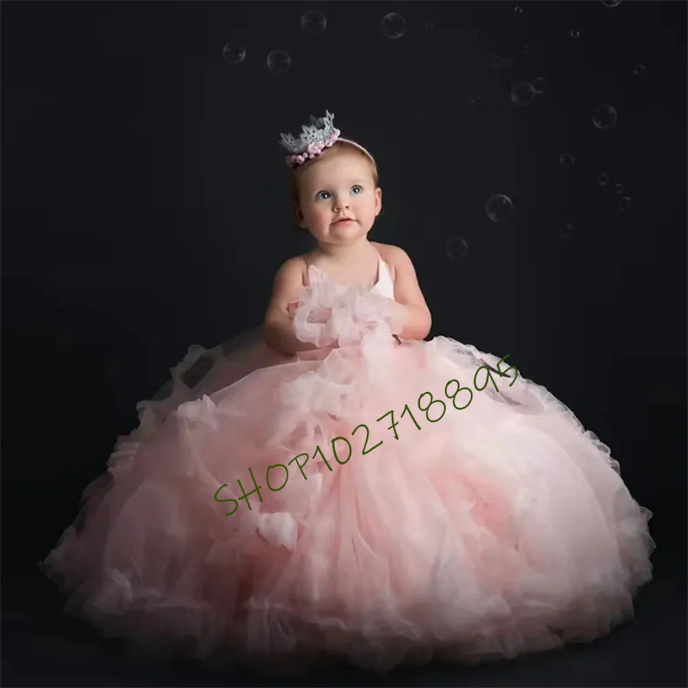 

Lovely Pink Ball Gown Sleeveless Flower Girl Dresses For Wedding 2023 Tulle Ruffle Princess Birthday Party First Communion Forma