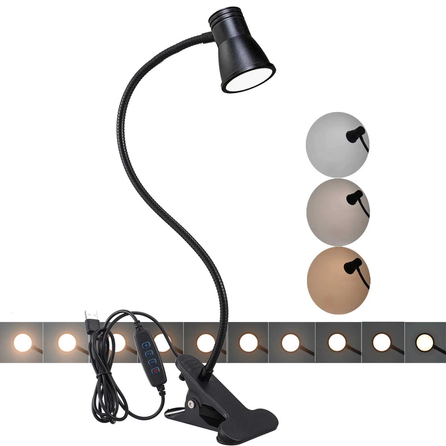 

5V USB Light Desk Table Lamp Clip on Desk Table Shelf Headboard Bed 6000K 4000K 3000K Changeable Dimmable 15“ Adjustable Arm