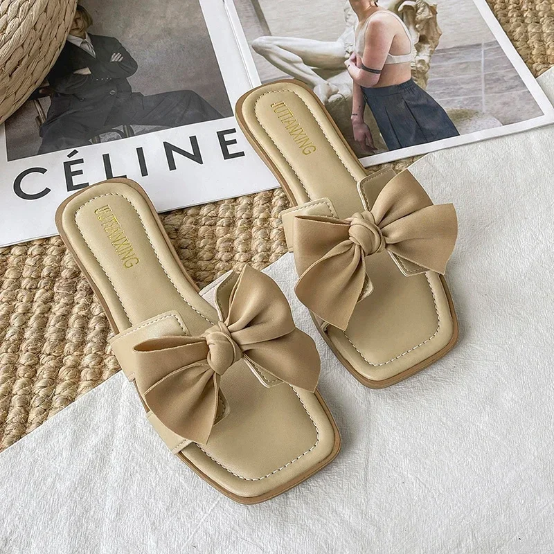 Summer Large Size Slippers for Women Flat 2023 New Solid Color High-end Fairy Style Women's Bow Sandals for Going Out PU