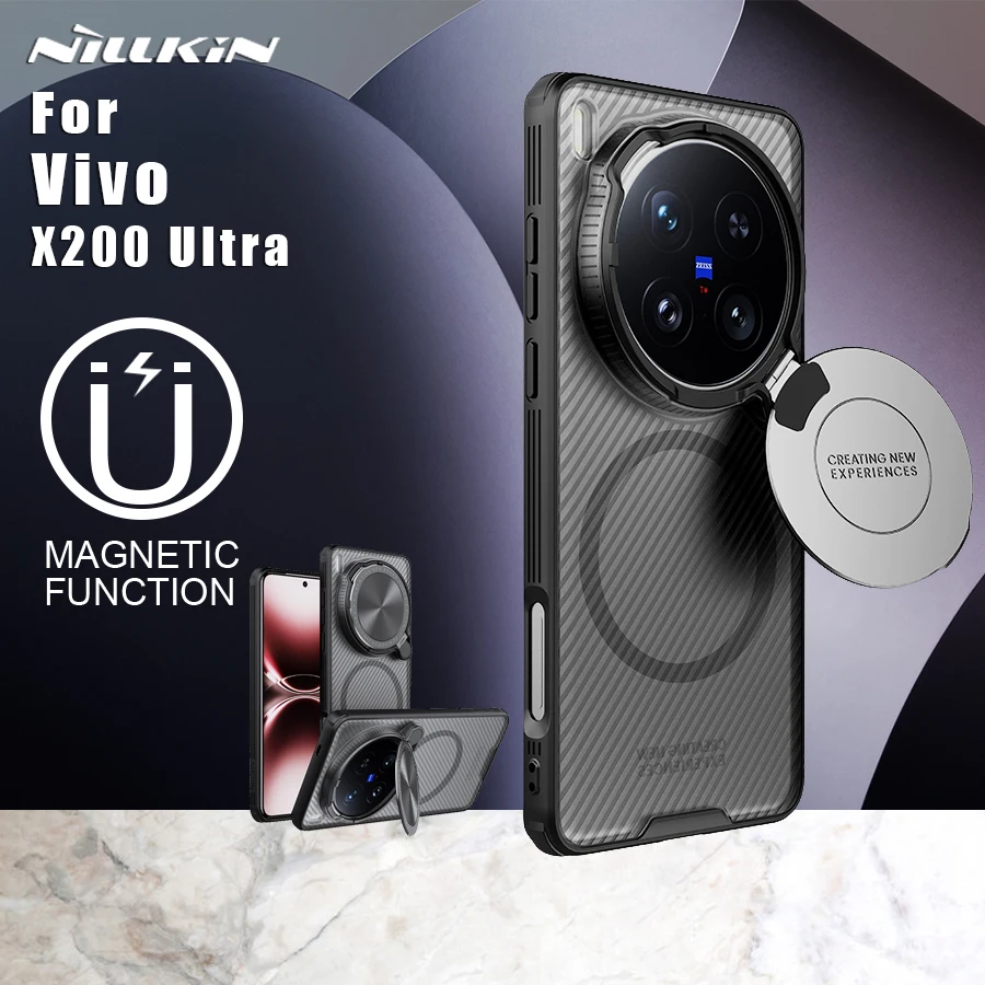 حافظة Nillkin لهاتف Vivo X200 Ultra 5G حافظة كاميرا سوداء شفافة دعامة شحن مغناطيسية عدسة Magsafe حماية الكاميرا 360 غطاء خلفي
