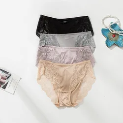 Birdsky, 3pcs Women briefs panties lace underwear mid waist 100% natural mulberry silk 4 solid colors. TS-30