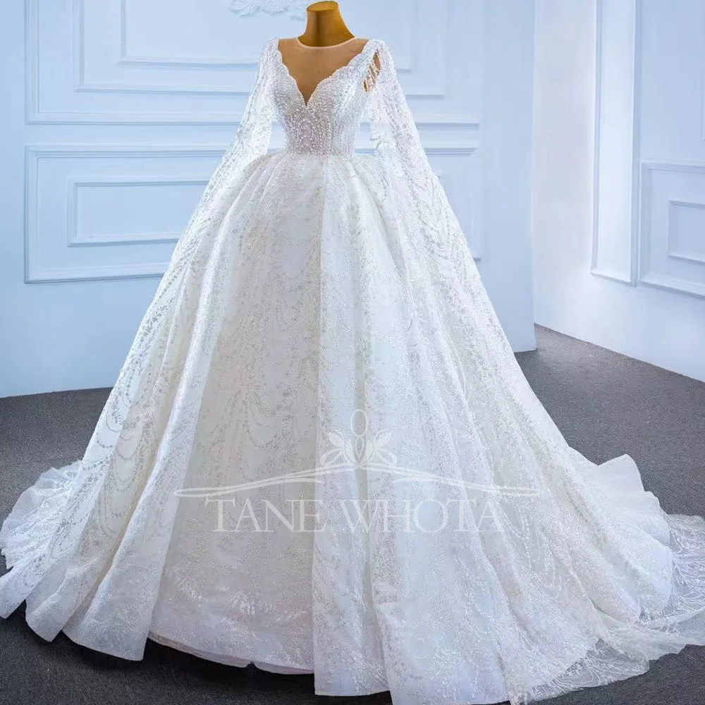 Vestido Casamento 2025 Белые свадебные платья с круглым вырезом и длинными рукавами на шнуровке сзади, расшитые бисером и блестками по индивидуальному заказу