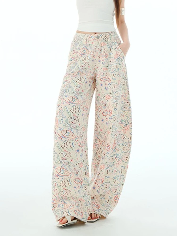 Women's Spring Summer Cute Cartoon Fish Print Wide Leg Jeans Lady Casual High Waist Loose Straight Long Jeans