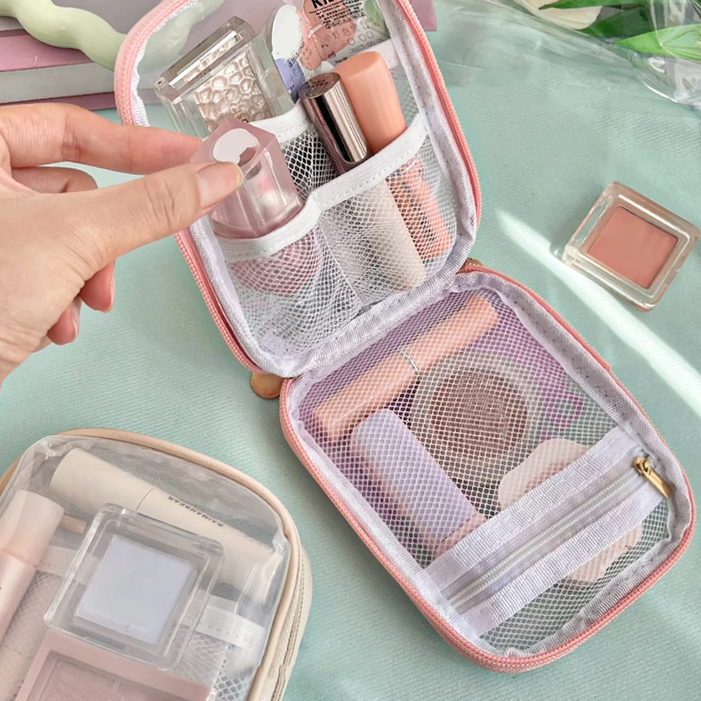 Portbale-Mini bolsa organizadora de maquillaje transparente para mujer, pequeña y bonita bolsa de maquillaje con cremallera, almacenamiento de