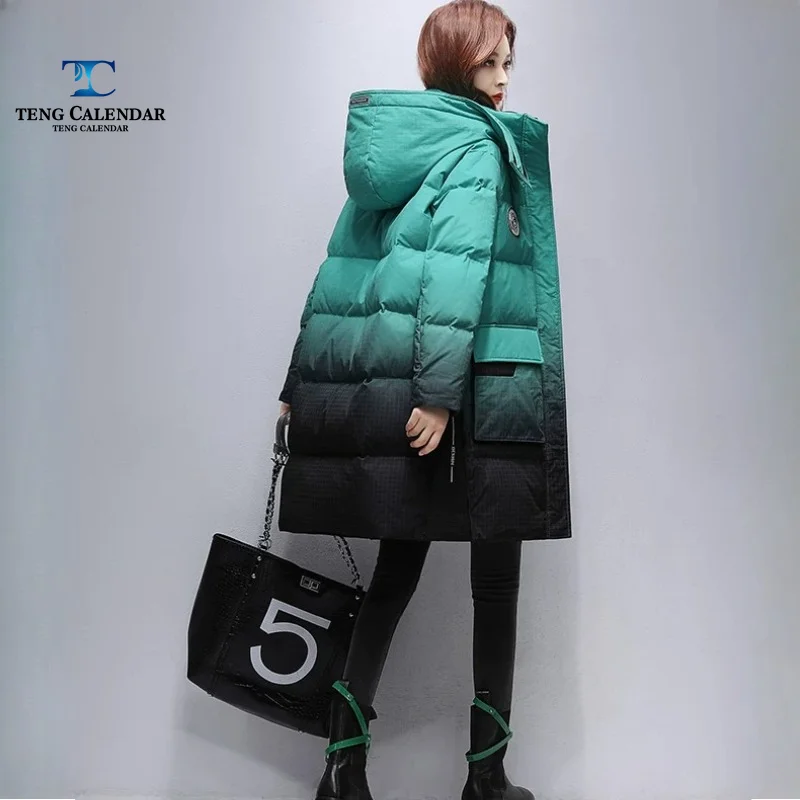 Winter Down Jacket, Medium To Long Small Grid Gradient Thick Hooded Jacket, Women's 2026 New Model