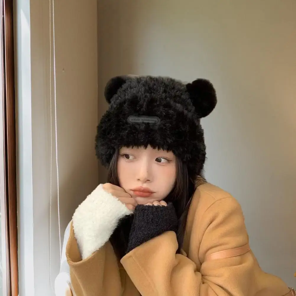 

Elastic Hat Women Cartoon Hat Thick Plush Women's Winter Hat with Cartoon Bear Ear Decor Elastic Warm Windproof Soft Fuzzy Lady