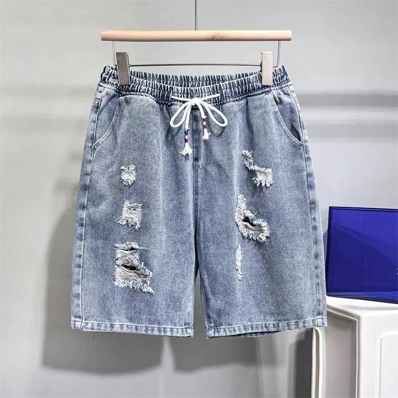 Bermuda longa com bolsos, larga, solta, meia calça jeans curta masculina, rasgada, shorts jeans, baggy, verão, stretchable, com zíper
