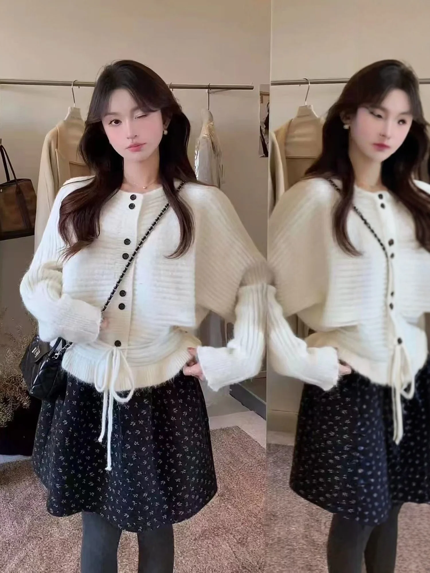 Sweet Design round Neck Knitted Sweater Women's Short Style Ruffle Hem Waist Cinched Gentle Wind Style Online Exclusive