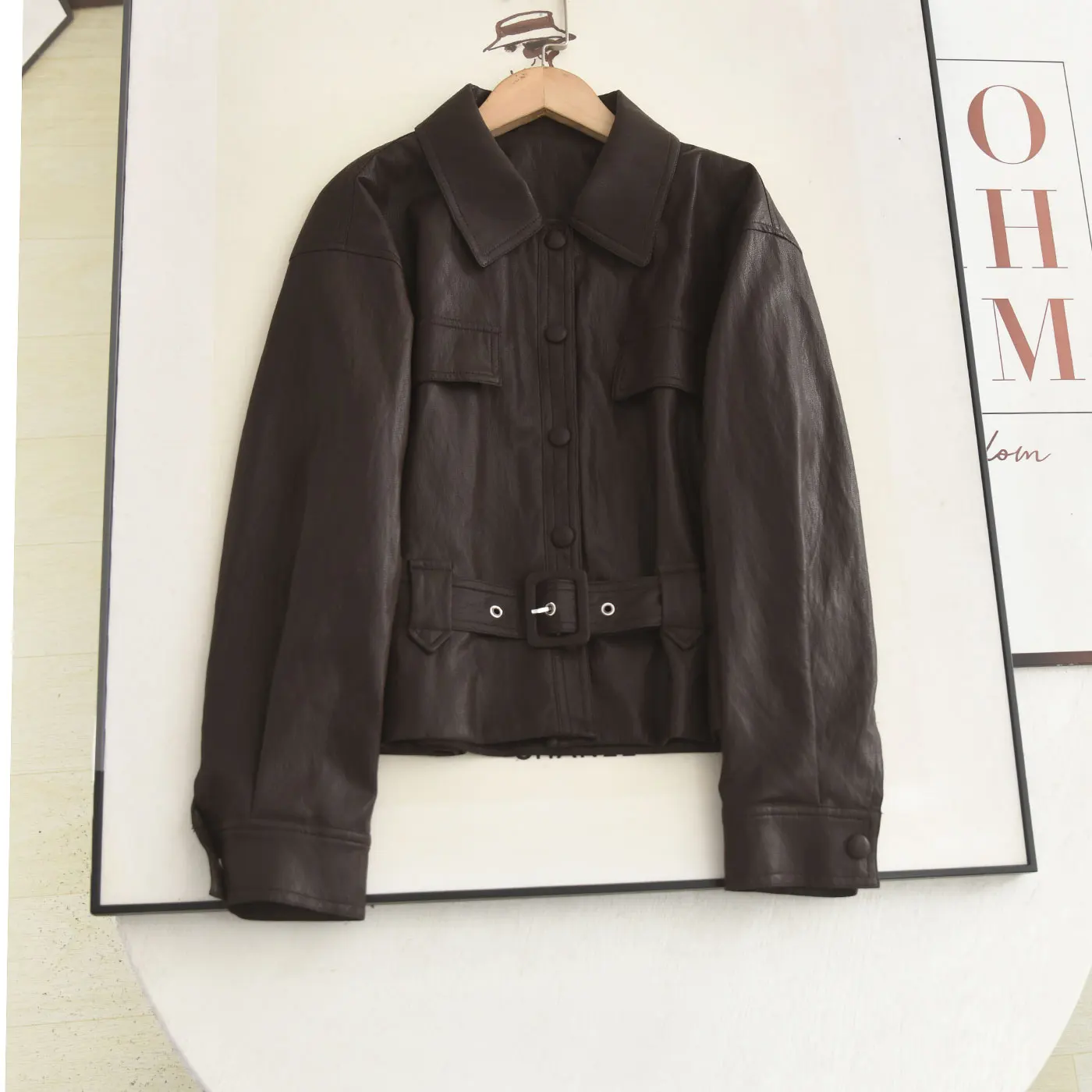 Cool Sle Brown PU cuero Jaet mujer otoño nuevo Retro alta calidad adelgazamiento Faionable prendas de vestir exteriores largo Sve Flip Collar