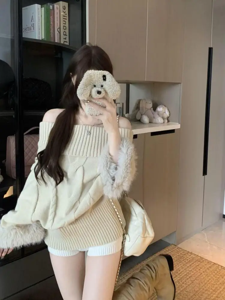 

2025 Women White Elegant Sexy Off Shoulder Pullover Short Sweater Korean Khaki Long Sleeve Versatile Knitted Tops Autumn Winter