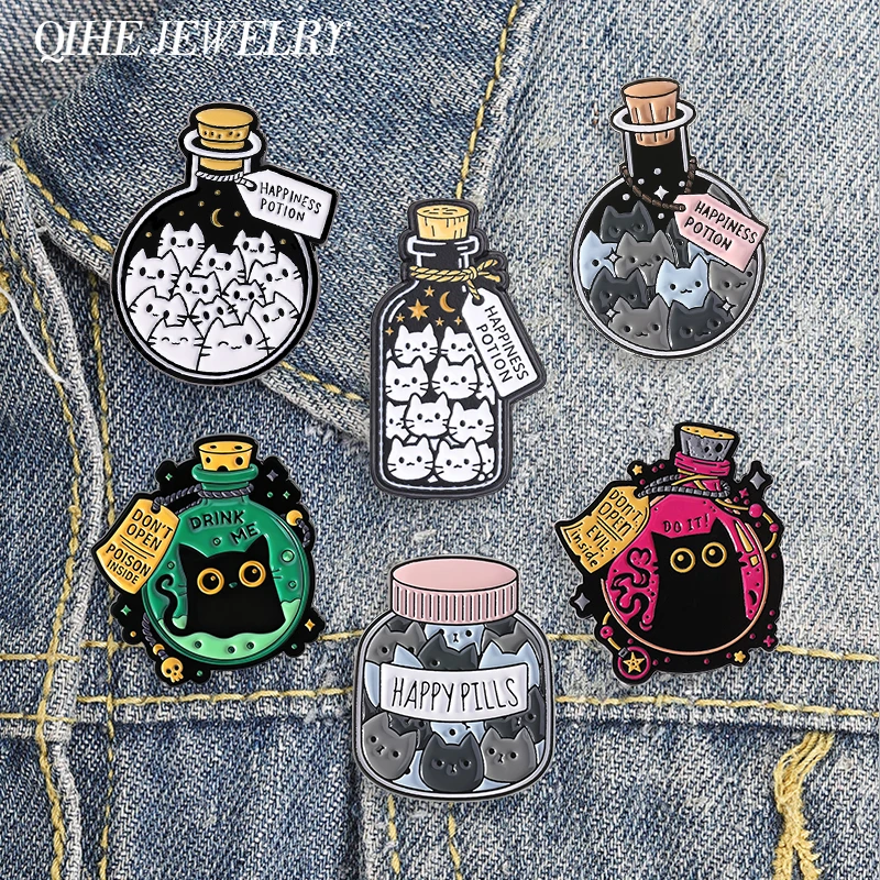 Glücksbringer-Katzen-Kollektion: Emaille-Pins, Zaubertrank-Katzen-Elfen-Broschen, Rucksack- und Reversabzeichen, Modeschmuck-Geschenke