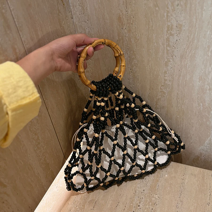 Retro bamboo-jointed handle wooden beaded hand bag summer hollowed-out net design purse female reticulate netted beach handbags