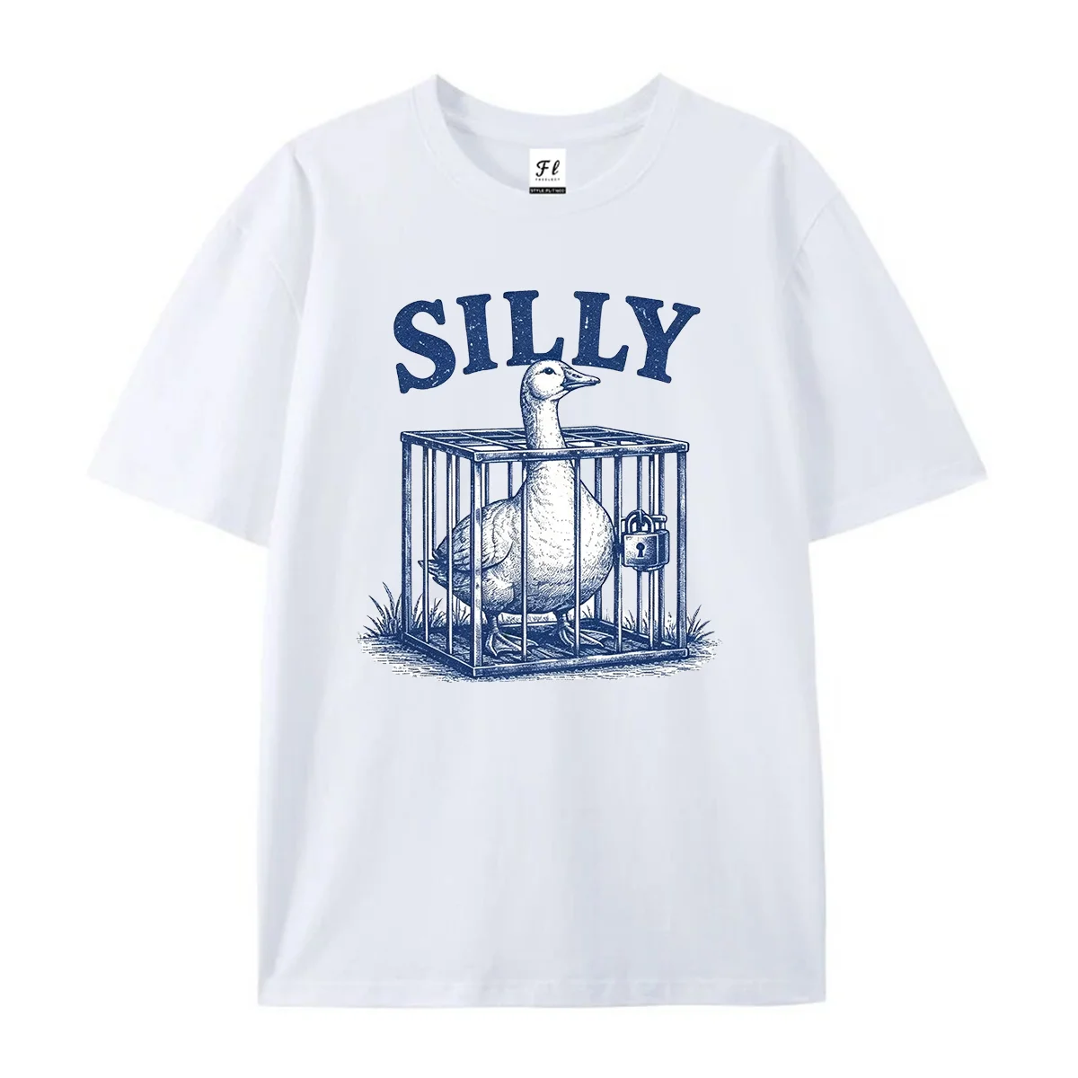 Got Too Silly Goose Graphic T‑Shirt Vintage Retro Blue Sketch Funny Meme Locked‑In Cage Goose Casual Unisex Short Sleeve Tees