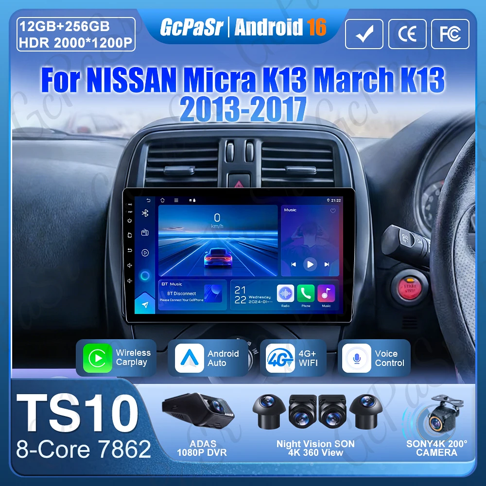 Android 16 Car Radio Stereo 9 Inch For NISSAN Micra K13 March K13 2013-2017 No 2din 4G WIFI Wireless Carplay Autoradio Bluetooth