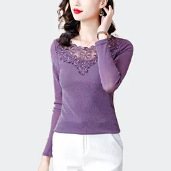 2025 Summer Autumn Fashion Hollowed-Out Lace Embroidery Mesh Base Shirts Women High Stretch Purple Blouse Tops Femme