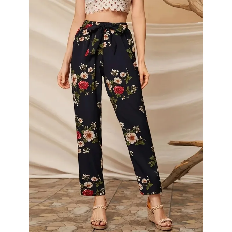 Plus Size Women\'s Elegant Floral Print Lace Up High Waisted Slimming Pants For Parties Versatile Daily Printed Wide Leg Pants