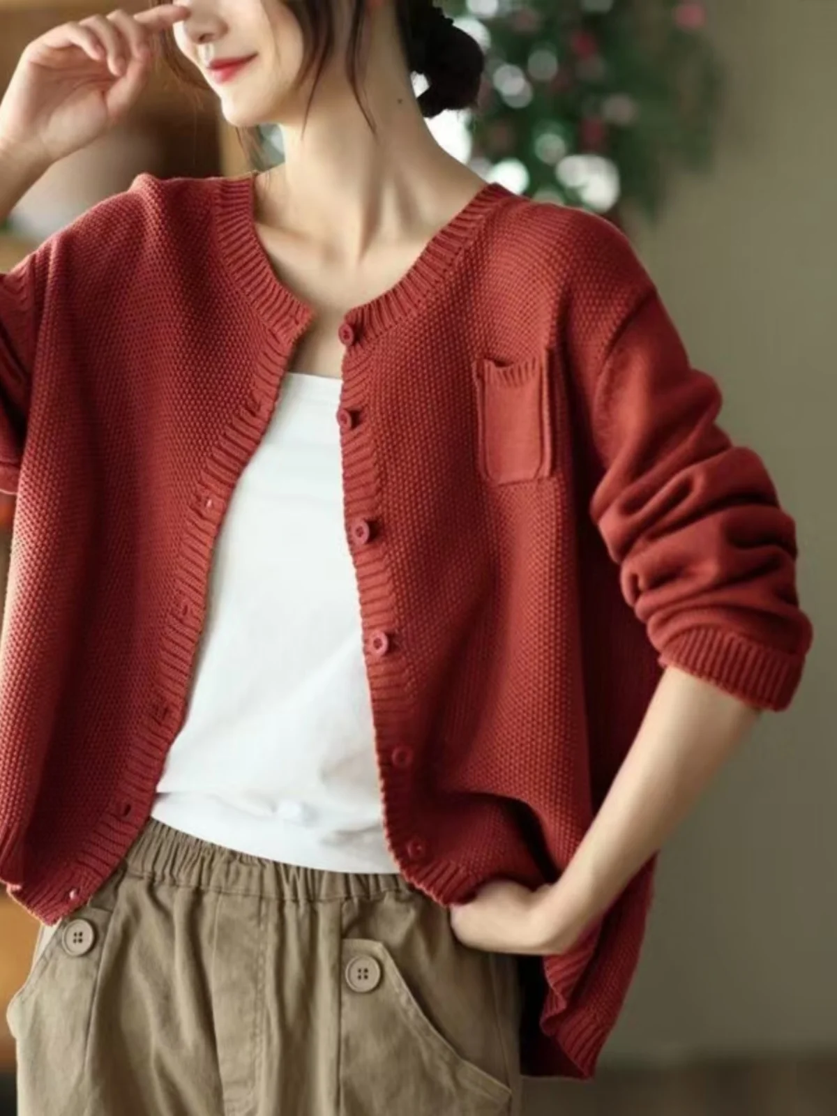 Cárdigan de punto largo Retro ort Sve para mujer, prendas de vestir exteriores versátiles de otoño, punzón de hombro, abotonada, informal, Color puro