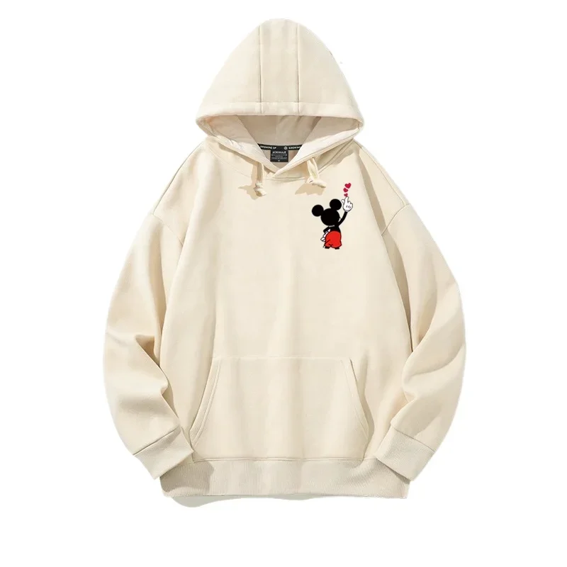 Hooded Sweater Loose Casual Couple Ins Cartoon Mickey Mouse Print Top 18-24y White Beige Sweatshirt Hoodie Minimalist Tops