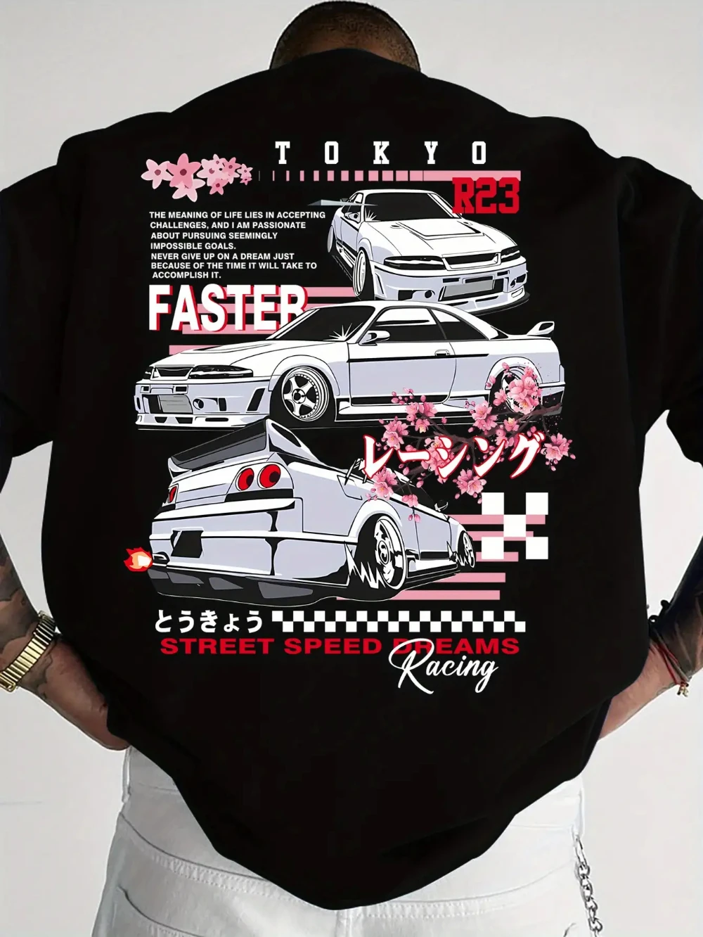 Herren-T-Shirt im japanischen Street-Style mit Racing-Print, Kirschblüten- und JDM-Auto-Design, Tokyo Speed Team-Schriftzug, schnelltrocknend