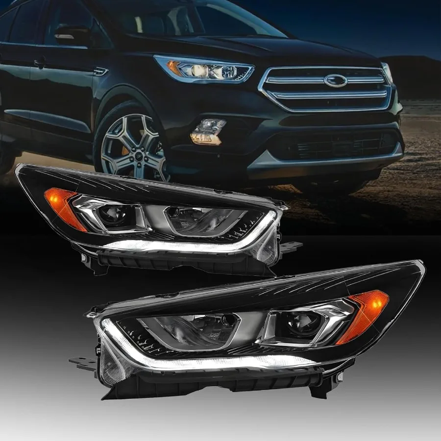 

Headlights Assembly for 2017 2018 2019 Ford Escape Halogen Type Projector Black Bezel with Integrated LED Daytime Running Light