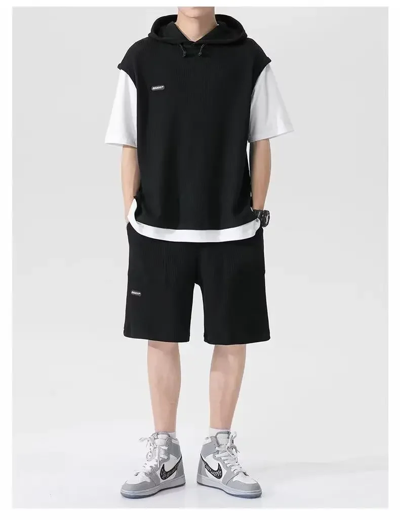 Men's Fake Two-Piece Sports Set: Quick-Dry Hooded T-Shirt with Shorts, Two-Piece Design, Stylish Casual Sporty Summer Apparel