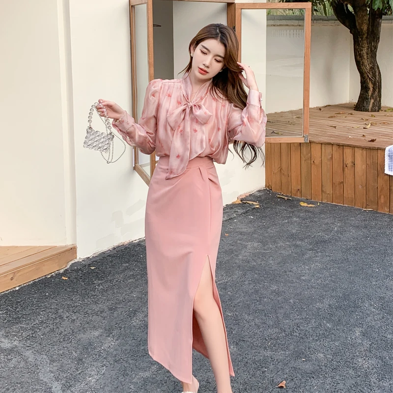 Elegant Office Lady Two Piece Set Skirt Top Fashion Spring Summer Outfits for Women New Pink Printed Blouse+Bodycon Split Suit