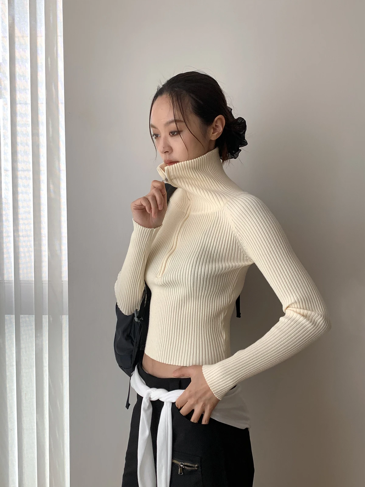 

Ambosc Autumn Faion Salt Series f Zip High Collar Knitted Sweater ort Sle Inner Wear Slim Fit Knitwear for Women